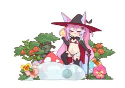 1girl absurdres animal_ears armor bikini_armor black_gloves black_thighhighs blush closed_eyes coat facing_viewer fire flower fox_ears fox_girl glass_bottle gloves gradient_hair hair_between_eyes hair_ornament hairclip hand_up hat highres indie_virtual_youtuber long_bangs long_hair multicolored_hair mushroom open_clothes open_coat open_mouth pink_hair plant shippitsu sidelocks slime_(creature) solo standing stepping teletha_(vtuber) thighhighs twintails very_long_hair virtual_youtuber wand white_background witch_hat