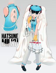 1girl absurdly_long_hair absurdres alternate_costume back_cutout black_bow black_bowtie black_footwear blue_eyes bottle bow bowtie breasts buttons newsboy_cap cable character_name closed_mouth clothing_cutout collared_shirt commentary cyborg english_commentary full_body gloves grey_background hat hatsune_miku highres knees_together_feet_apart leaning_forward licking_lips liquid_hair long_hair looking_at_viewer milk milk_bottle milking_machine milkman multiple_views pants pun rubber_gloves sexually_suggestive shirt shopping_basket sleeveless sleeveless_shirt small_breasts standing susu_awoo tattoo tongue tongue_out twintails very_long_hair vocaloid white_pants yellow_gloves