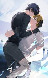 2boys akeuraji_tsukasa ameinu black_gloves black_hair black_pants blonde_hair eye_contact gloves grey_pants highres long_sleeves looking_at_another male_focus medalist_(manga) multiple_boys pants shirt short_sleeves t-shirt yaoi yodaka_jun