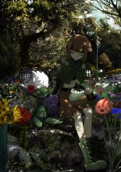 1girl belt black_belt black_hair blunt_bangs boots brown_hair brown_shorts capelet cherubi closed_eyes closed_mouth commentary creatures_(company) crop_top dappled_sunlight facing_viewer fence flower full_body game_freak gardenia_(pokemon) gen_4_pokemon grass green_capelet green_footwear highres legendary_pokemon long_sleeves medium_hair midriff multicolored_hair mythical_pokemon narue navel nintendo on_grass outdoors pokemon pokemon_(creature) pokemon_dppt red_flower rock roserade shaymin shaymin_(land) shorts sitting smile solo_focus sunlight tree turtwig two-tone_hair white_flower yellow_flower