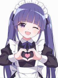 Rule 34 | 1girl, ;d, alternate costume, alternate hairstyle, apron, black dress, black ribbon, blunt bangs, blush, collared dress, contrast collar, dress, enmaided, frilled apron, frills, furude rika, hair ribbon, heart, heart hands, heart in heart hands, highres, higurashi no naku koro ni, long hair, long sleeves, looking at viewer, maid, maid headdress, niyane, one eye closed, open mouth, purple eyes, purple hair, ribbon, simple background, smile, solo, twintails, upper body, white apron, white background