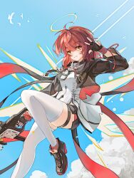 Rule 34 | 1girl, absurdres, arknights, black gloves, black jacket, closed mouth, cloud, cropped jacket, detached wings, dress, exusiai (arknights), exusiai the new covenant (arknights), fingerless gloves, foot out of frame, gloves, gun, halo, hand up, highres, holding, holding weapon, jacket, kriss vector, long sleeves, looking at viewer, medium hair, messy hair, open clothes, open jacket, red hair, smile, solo, submachine gun, thigh strap, thighhighs, traditional halo, v, weapon, white dress, white thighhighs, wings, yellow eyes, ying wei jin inexistenec