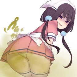 13o 1girl :d apron ass back_bow blend_s blue_trim blunt_bangs blush bow dot_nose dress fart from_behind hair_bobbles hair_ornament headdress highres jitome leaning_forward looking_back maid_apron maid_headdress open_mouth panties pantyshot pink_dress purple_eyes purple_hair sakuranomiya_maika short_hair short_sleeves simple_background smile solo source_request standing thighhighs twintails underwear upskirt white_background white_bow white_headwear white_thighhighs
