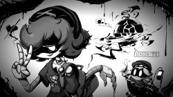 1boy 1girl absurdres android beanie black_hat black_jacket gir_(dog_costume) gir_(invader_zim) glitch_prod grey_hair hat highres humanoid_robot invader_zim jacket looking_at_viewer mechanical_arms murder_drones n_(murder_drones) official_art open_mouth robot short_hair short_sleeves simple_background smile uzi_(murder_drones) white_hair