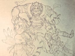 3boys animal_ears bara biceps cat_boy cat_ears cat_nose claws closed_mouth commentary_request furry furry_male graphite_(medium) hatching_(texture) highres indeigo15 leopard_boy leopard_ears likulau_(nekojishi) lin_hu_(nekojishi) linear_hatching looking_at_viewer looking_to_the_side male_focus multiple_boys muscular muscular_male nekojishi open_mouth outstretched_hand pen_(medium) shu_chi_(nekojishi) smile spotted_fur striped_fur tiger_boy tiger_ears tiger_stripes toned toned_male traditional_media