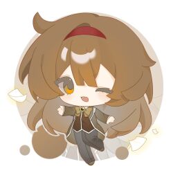 Rule 34 | 1girl, black pants, bow, bowtie, brown bow, brown bowtie, brown coat, brown eyes, brown hair, brown vest, chibi, coat, collared shirt, full body, gem, hairband, ifudyci, library of ruina, long hair, long sleeves, looking at viewer, malkuth (project moon), one eye closed, open mouth, pants, project moon, red hairband, shirt, simple background, solo, standing, vest, white background, white shirt, yellow gemstone