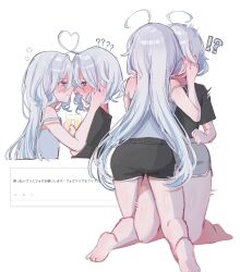 Rule 34 | !?, 2girls, after kiss, barefoot, beer mug, black shirt, blue eyes, blue hair, commentary, cup, dolphin shorts, drunk, furina (genshin impact), genshin impact, grey shorts, hand on another&#039;s neck, heart ahoge duo, highres, mug, multicolored hair, multiple girls, purple eyes, request inset, saliva, saliva trail, shirt, short sleeves, shorts, str kope, streaked hair, translation request, white background, yuri