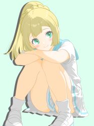 Rule 34 | 1girl, absurdres, blonde hair, blush, closed mouth, commentary request, crossed arms, eyelashes, green eyes, grey background, happy, highres, knees together feet apart, lillie (pokemon), long hair, looking at viewer, majikichi915, nintendo, panties, pleated skirt, pokemon, pokemon sm, ponytail, shirt, shoes, short sleeves, sitting, skirt, smile, socks, solo, underwear, white shirt, white shoes, white skirt, white socks