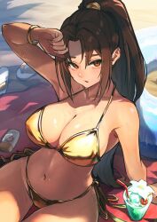 1girl absurdres ap_cammy bare_shoulders bikini blush bracelet breasts brown_eyes brown_hair cleavage fatal_fury gold_bikini gold_bracelet highres jewelry large_breasts long_hair looking_at_viewer navel ponytail shiranui_mai solo stomach sweat swimsuit the_king_of_fighters thighs