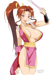 Rule 34 | 1girl, arm guards, bare shoulders, blush, breasts, brown eyes, brown hair, cleavage, conto, fatal fury, folded fan, folding fan, hand fan, high ponytail, highres, holding, holding fan, japanese clothes, kimono, large breasts, long hair, looking at viewer, ninja, open mouth, pelvic curtain, pink kimono, ponytail, revealing clothes, shiranui mai, smile, solo, the king of fighters