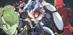 1girl 2boys amate_yuzuriha aqua_eyes black_shoes black_socks challia_bull char_aznable closed_mouth commentary_request diagonal-striped_clothes diagonal-striped_necktie facial_hair gquuuuuux gundam gundam_gquuuuuux haro highres kneehighs loafers long_sleeves looking_at_viewer mecha mobile_suit multiple_boys mustache necktie open_mouth red_hair red_necktie robot ryou_(ponpgo) school_uniform science_fiction shirt shoes short_hair skirt socks striped_clothes sweater teeth upper_teeth_only