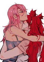 2girls camisole chinese_commentary commentary_request couple grey_camisole hair_between_eyes highres hug jinx_(league_of_legends) kid_sppinarl league_of_legends licking licking_another&#039;s_neck long_hair lux_(league_of_legends) multiple_girls pink_hair purple_eyes red_hair shirt short_sleeves simple_background star_guardian_(league_of_legends) star_guardian_jinx star_guardian_lux two_side_up white_background white_shirt yuri