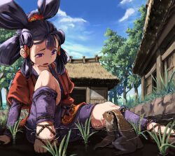 1girl architecture east_asian_architecture hair_rings house japanese_clothes kimono marsk outdoors partially_submerged purple_eyes purple_hair purple_shorts red_kimono sakuna-hime sandals shallow_water shorts sitting solo tensui_no_sakuna-hime toad_(animal) water