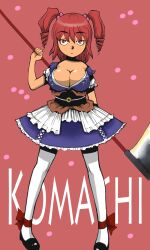 Rule 34 | 1girl, black sash, black shoes, blue dress, breasts, character name, cleavage, closed mouth, coin, coin on string, commentary request, dress, drill hair, expressionless, full body, hair bobbles, hair ornament, highres, holding, holding scythe, large breasts, looking at viewer, medium hair, obi, obijime, onikobe rin, onozuka komachi, pantyhose, puffy short sleeves, puffy sleeves, red background, red eyes, red hair, sash, scythe, shoes, short sleeves, solo, touhou, twin drills, white pantyhose