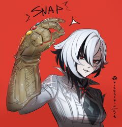 1girl arlecchino_(genshin_impact) avengers:_infinity_war avengers_(series) black_eyes black_hair coat genshin_impact grey_coat grin hair_between_eyes hand_up highres infinity_gauntlet long_hair looking_at_viewer marvel marvel_cinematic_universe multicolored_hair red_background simple_background smile solo streaked_hair upper_body visualkid_n white_hair