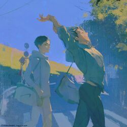 2boys akaashi_keiji arms_up bag black_hair blue_sky bokuto_koutarou closed_eyes closed_mouth crosswalk from_side haikyuu!! highres jacket long_sleeves multiple_boys open_mouth pants sberrymacchiato short_hair shoulder_bag sky smile stretching white_jacket white_pants