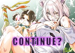 2girls animal_ear_piercing animal_ears blood blood_on_face braid breasts buru-dai commentary_request cuts dirty dirty_face fang hair_ornament hololive injury large_breasts lily_hawk lion_ears lion_girl low_twin_braids multiple_girls off_shoulder pom_pom_(clothes) pom_pom_hair_ornament pout shirt shishiro_botan squatting street_fighter street_fighter_6 torn_clothes torn_shirt twin_braids virtual_youtuber