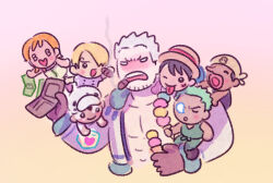 1girl 6+boys beard_stubble black_hair blonde_hair blush carrying carrying_person chibi chocolate cigar commentary dark-skinned_male dark_skin english_commentary facial_hair food green_hair hair_over_one_eye hat holding holding_food holding_ice_cream_cone ice_cream_cone long_nose money monkey_d._luffy multiple_boys nami_(one_piece) one_piece orange_hair pikaole red_shirt roronoa_zoro sanji_(one_piece) shirt short_hair sleeping smoker_(one_piece) straw_hat stubble tongue tongue_out trafalgar_law usopp white_hair