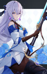 1girl absurdres argyle_background black_gloves blue_flower blue_rose boots breasts bronya_rand closed_mouth cowboy_shot crossed_bangs detached_sleeves dress drill_hair earrings flower from_side gloves grey_eyes grey_hair gun half_updo high-low_dress high-low_skirt highres holding holding_gun holding_weapon honkai:_star_rail honkai_(series) jewelry letterboxed light_particles looking_at_viewer medium_breasts musket outside_border pisuke_(user_kcmh2774) rose sidelocks signature sleeveless sleeveless_dress solo thigh_boots weapon