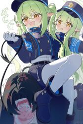 1boy 1girl 2girls :d all_fours anger_vein armband artist_name belt blue_archive blue_armband blush boots commentary_request demon_tail doodle_sensei_(blue_archive) girl_on_top gloves green_hair green_halo hair_between_eyes halo hat highres hikari_(blue_archive) holding_own_tail jacket long_hair long_sleeves multiple_girls nozomi_(blue_archive) open_mouth pantyhose peaked_cap pointy_ears rabbit_pose sensei_(blue_archive) shirt shorts siblings sidelocks simple_background sishisi sisters sitting smile tail thighhighs twins very_long_hair white_background white_gloves white_pantyhose yellow_eyes