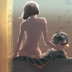 1boy 1girl arm_support ass back bad_id bad_twitter_id bathroom bathtub black_hair elisa_esposito fins from_behind hand_on_another&#039;s_face highres misounkocurry mixed-sex_bathing monster_boy nude shared_bathing shower_curtain sitting sunlight the_shape_of_water wall