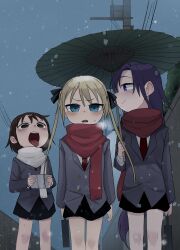 Rule 34 | 3girls, absurdres, blonde hair, blue eyes, blush, brown eyes, brown hair, fusuma (suwaru boom), goshiki agiri, hair ribbon, highres, kill me baby, long hair, long sleeves, multiple girls, necktie, oil-paper umbrella, open mouth, oribe yasuna, outdoors, purple eyes, ribbon, scarf, school uniform, short hair, skirt, smile, snowing, sonya (kill me baby), twintails, umbrella, utility pole, walking