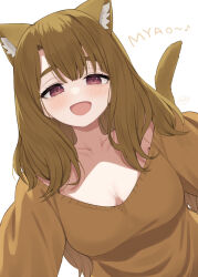 1girl animal_ear_fluff animal_ears asymmetrical_bangs bare_shoulders binsen blunt_bangs breasts brown_hair brown_sweater cat_ears cat_girl cat_tail cleavage collarbone dot_nose dress eyelashes highres idolmaster idolmaster_million_live! idolmaster_million_live!_theater_days kemonomimi_mode large_breasts light_blush long_hair miyao_miya nyan off-shoulder_sweater off_shoulder open_mouth parted_bangs red_eyes smile solo sweater sweater_dress tail thick_eyebrows white_background