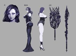 Rule 34 | 1girl, 2022, ass, bare shoulders, belt, black blindfold, black collar, black dress, black flower, black footwear, black rose, blindfold, breasts, chest jewel, cleavage, closed mouth, collar, collarbone, colored skin, commentary, concept art, cropped shoulders, curly hair, detached collar, dress, expressionless, eyeshadow, female focus, floral print, flower, from side, grey background, high heels, highres, huge ass, japanese text, large breasts, looking at viewer, makeup, mature female, numericgazer, official alternate costume, official art, ohayosayonara, open clothes, profile, purple eyes, purple eyeshadow, purple hair, purple lips, purple skin, rosa (under the witch), rose, sideboob, solo, standing, swept bangs, thick lips, thick thighs, thighs, toeless footwear, under the witch, weapon, white belt