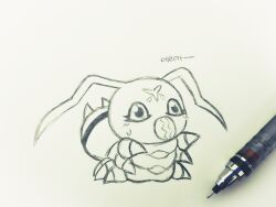 Rule 34 | blush, digimon, digimon (creature), highres, monochrome, open mouth, solo, traditional media, wormmon