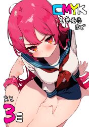 1girl absurdres arataka_mimi arm_support barefoot blush braid breasts closed_mouth cmyk:_sameda_kazuou_wa_chuunibyou_ga_naosenai copyright_name countdown_illustration from_above glaring hair_ornament hairclip hand_between_thighs highres koba large_breasts long_hair looking_at_viewer looking_up micro_shorts pink_hair red_eyes sailor_collar shorts side_braid sitting solo thick_thighs thighs thighs_together wariza white_background white_sailor_collar