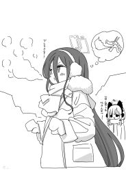 2girls :o animal_ear_headphones animal_ears aris_(blue_archive) blue_archive blush breath cat_ear_headphones coat commentary_request dragon earmuffs fake_animal_ears greyscale halo headphones highres imagining long_hair looking_ahead looking_at_another mittens momoi_(blue_archive) monochrome multiple_girls nishino_hikoji scar simple_background translation_request very_long_hair white_background