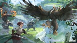 2boys 2girls absurdres animal_ears armor beak black_hair book dagger dated_commentary day dual_wielding falling_leaves fantasy feathered_wings fighting_stance fire grass grey_hair griffin hat helm helmet highres holding holding_book holding_staff holding_sword holding_weapon knife leaf leggings mage_staff magic multiple_boys multiple_girls original outdoors pointy_ears pyrokinesis red_hair sheath shirt short_hair signature sonech staff statue sword war_hammer weapon wind wings