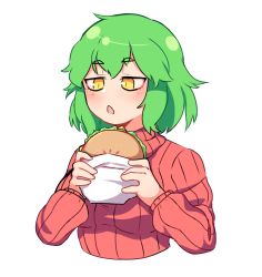 1girl burger food green_hair hanaarts highres hikage_(senran_kagura) holding holding_food open_mouth red_sweater senran_kagura sweater white_background yellow_eyes