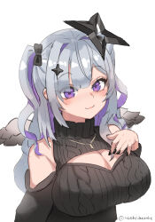 1girl absurdres amane_konata angel angel_wings black_bow black_nails black_sweater bow cable_knit cleavage_cutout closed_mouth clothing_cutout diamond_hair_ornament grey_hair hair_bow halo highres hololive meme_attire multicolored_hair nail_polish purple_eyes purple_hair smile solo star_halo streaked_hair sweater tastelikenyan two_side_up virgin_killer_sweater virtual_youtuber wings
