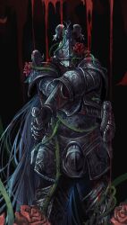 Rule 34 | 1boy, arm armor, armor, banished knight, banished knight oleg, black background, bleeding, blood, blood on armor, blue hair, breastplate, codpiece, commentary, cowboy shot, crossed arms, elden ring, english commentary, falling petals, flower, full armor, gauntlets, greaves, helmet, highres, holding, holding sword, holding weapon, long hair, male focus, petals, red flower, red petals, red rose, rose, shoulder armor, simple background, solo, sword, tworain w, very long hair, weapon