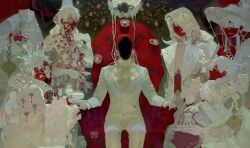 Rule 34 | 6+boys, absurdres, colored skin, covered mouth, crown, cup, faceless, faceless male, feet out of frame, formal clothes, highres, male focus, multiple boys, original, pants, profile, red hair, red skin, short hair, sitting, suit, throne, white crown, white eyes, white hair, white pants, white suit, xiaoquandianer