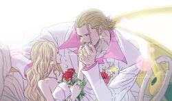 1boy 1girl blonde_hair car commentary_request dress earrings eye_contact flower formal_clothes gild_tesoro glint hair_slicked_back holding holding_flower jewelry kiss kissing_hand looking_at_another mc_dumb motor_vehicle one_piece one_piece_film:_gold red_flower red_rose ring rose sidelocks smile star_(symbol) star_earrings stella_(one_piece) suit wheel white_dress white_suit