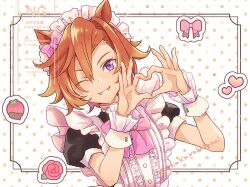 1girl animal_ears apron black_dress bow bowtie center_frills commentary_request dress ear_bow four-finger_heart_hands frilled_apron frills grin heart heart_hands horse_ears horse_girl horse_tail looking_at_viewer maid maid_headdress nnmkmwakaranai official_alternate_costume one_eye_closed orange_hair pink_bow pink_bowtie purple_eyes short_hair short_sleeves smile solo t.m._opera_o_(umamusume) tail twitter_username umamusume umamusume:_road_to_the_top upper_body watermark white_apron white_background