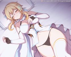 1girl animated animated_gif arm_grab bare_shoulders bed_sheet black_panties blonde_hair blush breasts closed_eyes detached_sleeves disembodied_hand dress flower from_above genshin_impact gloves hair_flower hair_ornament large_breasts large_variant_set long_sleeves lumine_(genshin_impact) lying navel on_back on_bed panties parted_lips partially_fingerless_gloves pillow sleeping solo_focus thighhighs underwear variant_set waero white_dress white_flower white_thighhighs