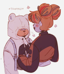 1boy 1girl animal_ears animal_hood bandaid bandaid_on_face bandaid_on_nose bear bear_ears bear_hood belt belt_buckle black_dress black_footwear black_gloves black_streaks blush_stickers buckle casual circus_baby_(fnaf) clothing_cutout commentary covered_eyes drawstring drawstring_pull dress english_commentary expressionless facing_away fashion five_nights_at_freddy&#039;s flat_color flower freddy_fazbear&#039;s_pizzeria_simulator from_behind gloves height_difference hood hood_up hoodie humanoid_robot joints jxitrash long_sleeves looking_at_another mechabare messy_hair midriff multicolored_dress non-humanoid_robot open_mouth orange_dress orange_footwear orange_hair pink_lips red_streaks robot robot_animal robot_girl robot_joints short_hair simple_background smile sound_effects stomach_cutout twintails upper_body white_background white_fur white_hoodie wire