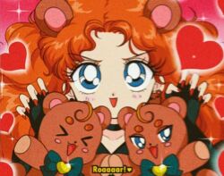 1990s_(style) adapted_costume animal_ears animification bear_cub bear_earrings bear_ears bishoujo_senshi_sailor_moon blue_eyes brave_(pixar) choker claw_pose collarbone dot_nose eyelashes fang faux_retro_artstyle film_grain fingerless_gloves fingernails furrowed_brow gloves green_choker green_gloves green_shirt heart honeymoonpetal light_blush light_particles long_hair magical_girl merida_(brave) nail_polish open_mouth orange_hair parody parted_bangs pink_background red_nails retro_artstyle sharp_fingernails shirt smile sparkle straight-on style_parody tareme v-neck very_long_hair wavy_hair