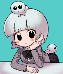 1girl bent_over black_bow black_bowtie black_eyes black_skirt bow bowtie commentary creature creature_and_personification english_commentary grey_hair grey_jacket head_rest highres jacket looking_at_viewer meme original personification satanmanse short_hair skirt solo tbh_creature_(meme)