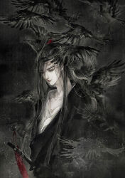 1boy bird black_background black_bird black_hair black_hanfu chinese_clothes closed_mouth collarbone crow faux_traditional_media flute flute_tassel grey_eyes hanfu high_ponytail holding holding_flute holding_instrument ink_wash_painting instrument kcllzas163 light_particles long_hair looking_down male_focus modao_zushi night ponytail robe solo tassel third-party_source upper_body wei_wuxian