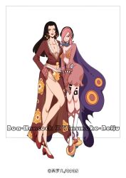 2girls black_hair boa_hancock boots breasts cape character_name cleavage curly_eyebrows dress earrings full_body gloves hair_over_one_eye headphones high_heels jewelry kuja_pirates_jolly_roger leg_tattoo long_hair long_sleeves multiple_girls neckerchief one_piece parted_lips pink_dress pink_gloves pink_hair pink_shoes purple_cape purple_neckerchief red_shoes red_skirt shoes short_hair side_slit simple_background skirt snake_earrings tattoo vinsmoke_reiju white_background xiluoji