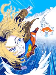 1boy 1girl 1other absurdres blonde_hair blue_eyes bomber_jacket boots bug cape coat dc_comics dog fly grin happy highres insect jacket krypto_the_superdog long_hair manabu_yashiro mountain pet_play red_cape running skirt sky smile snow solo supergirl superhero_costume superman_(2025) superman_(series) teeth tongue tongue_out