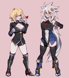2girls absurdres ahoge anger_vein blazblue blonde_hair blush boots breast_cutout breasts cleavage commentary covered_erect_nipples detached_sleeves flying_sweatdrops full_body galadysp genderswap genderswap_(mtf) gloves green_eyes grey_background grey_hair hair_between_eyes heart heterochromia high_heel_boots high_heels highres kisaragi_jin large_breasts long_hair long_sleeves looking_at_another multiple_girls necktie ragna_the_bloodedge red_eyes short_hair shorts simple_background skindentation smug standing thighhighs very_long_hair