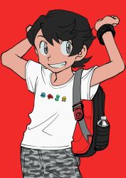 1boy alternate_costume amaura archen arms_up backpack bag black_bag black_hair bracelet camouflage camouflage_shorts commentary cowboy_shot creatures_(company) elio_(pokemon) elizabeth_(tomas21) game_freak gen_1_pokemon gen_4_pokemon gen_5_pokemon gen_6_pokemon grey_eyes grin highres jewelry looking_to_the_side male_focus medium_hair nintendo omanyte pokemon pokemon_sm red_background shieldon shirt short_sleeves shorts simple_background smile solo t-shirt teeth white_shirt z-ring