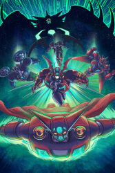 anniversary arm_blade armor backlighting biomechanical blue_armor cape claws commentary emeraldcodex english_commentary facing_viewer flying getter-1 getter_arc getter_dragon getter_emperor getter_go getter_rays getter_robo glowing glowing_eyes glowing_mouth green_armor green_light highres horns humanoid_robot mecha mecha_focus mechabare mechanical_horns mechanical_wings no_mouth open_mouth propeller reaching reaching_towards_viewer red_armor red_cape robot science_fiction shin_getter-1 shoulder_armor shoulder_blades size_difference space spikes star_(sky) super_robot weapon white_armor wings yellow_armor yellow_eyes
