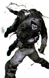 belt black_belt black_footwear black_gloves black_hood black_mask black_straps black_vest blood blood_on_clothes call_of_duty call_of_duty:_modern_warfare_2 carrying carrying_over_shoulder carrying_person commentary english_commentary feet_out_of_frame firing from_behind ghost_(modern_warfare_2) gloves gun hallot hand_on_another&#039;s_arm headset helmet highres holding holding_gun holding_weapon hood knee_pads knife konig_(call_of_duty) layered_clothes limited_palette looking_to_the_side mask pants running shoes sideways_glance signature simple_background skull skull_mask strap tactical_clothes vest weapon white_background