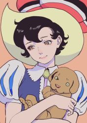 Rule 34 | 1girl, animal, averting eyes, black eyes, black hair, blue shirt, brooch, closed mouth, collared shirt, colored sclera, commentary, dog, hat, holding, holding animal, holding dog, jewelry, nucca dzuke, orange background, orange eyes, princess sapphire, puff and slash sleeves, puffy short sleeves, puffy sleeves, ribbon no kishi, shirt, short hair, short sleeves, simple background, yellow sclera